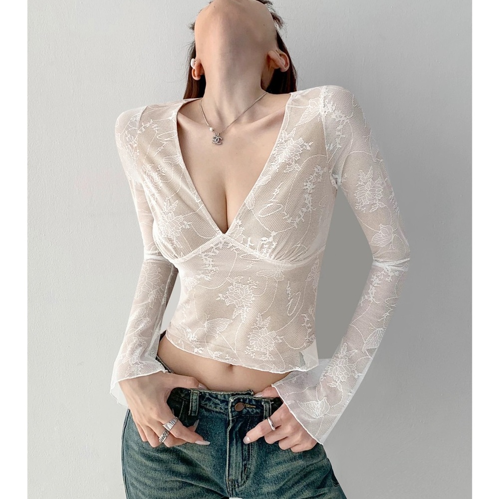 Urban Outfitters Elegant White Lace V-Neck Top